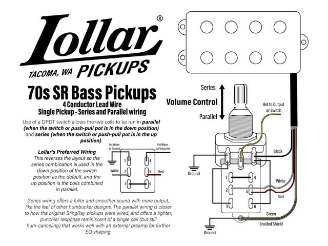 70s SR Bass Series / Parallel Volume pot 4-conductor wiring diagram